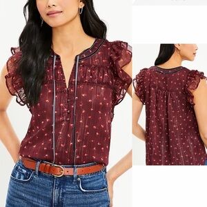 LOFT Burgundy Shimmer Floral Blouse Women S Ruffled Sleeves Velvet Trim Romantic